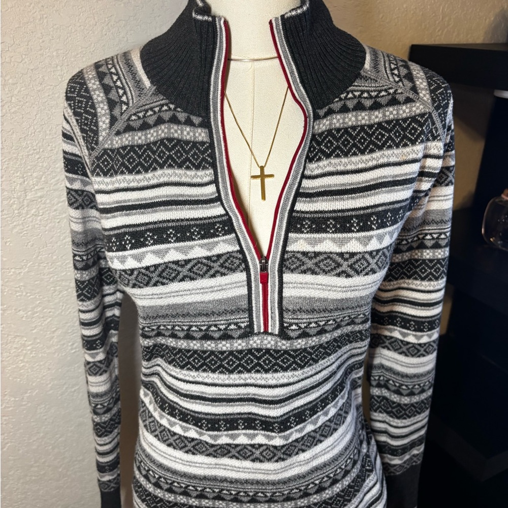 Eddie Bauer Black and White Cowl Neck Sweater with Nordic Pattern
